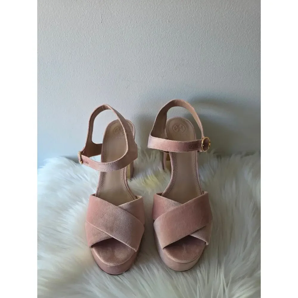 Tory Burch Loretta Velvet Plateau Sandals Blush Pink Size 10.5